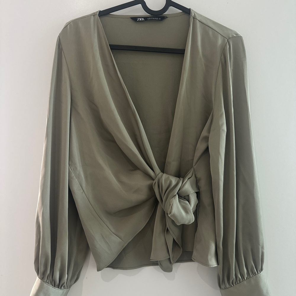 Zara Khaki Women's Blouse with Knot Detail